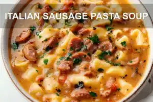 ITALIAN SAUSAGE PASTA SOUP centered hero view, clean and uncluttered