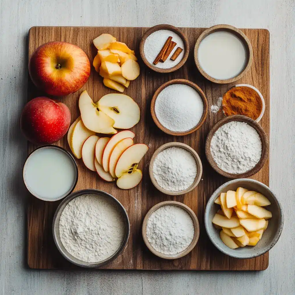 Air Fryer Apple Fritters Recipe: Simple and Delicious 6 Fresh ingredients for Air Fryer Apple Fritters, including sliced apples, flour, and spices, presented neatly.