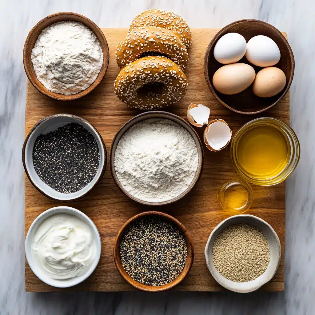 Close-up of ingredients for air fryer bagels, including flour, yogurt, and an egg.