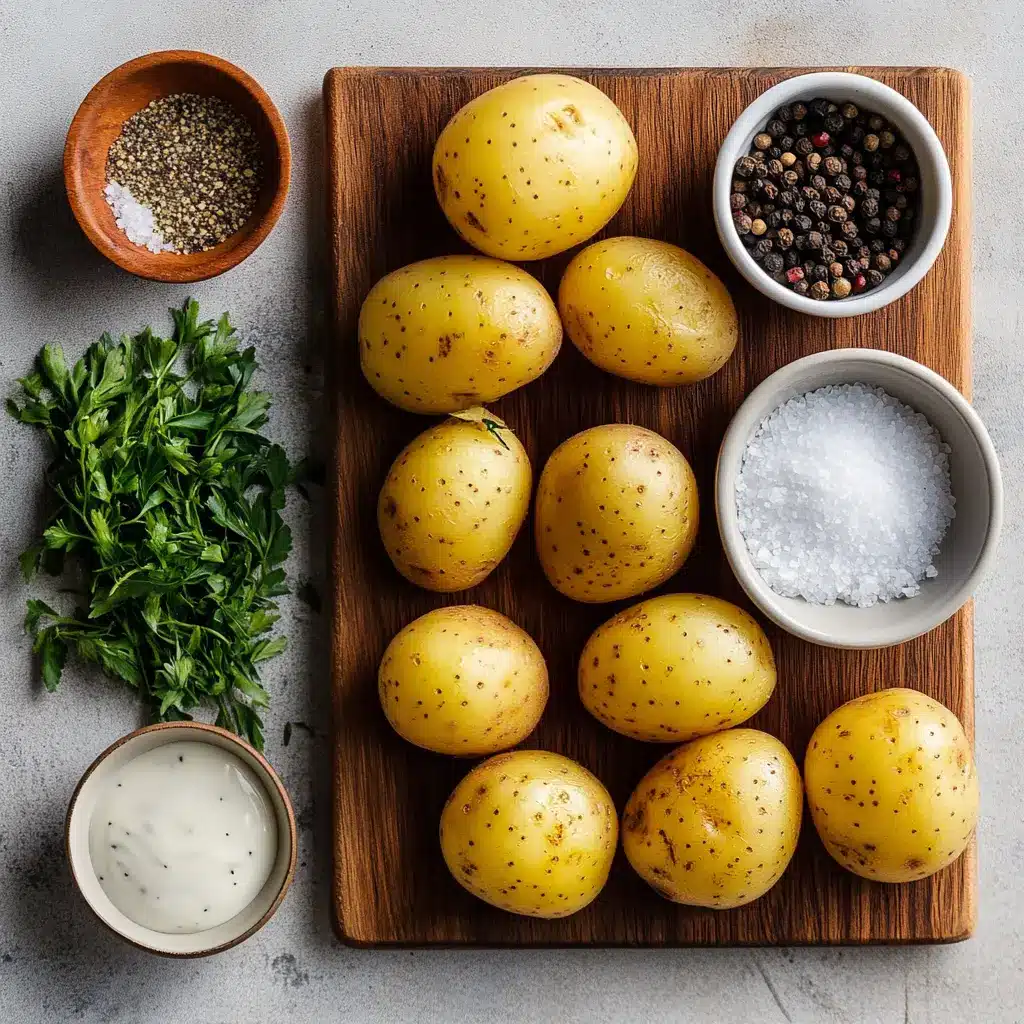 Ingredients laid out for Air Fryer Baked Potatoes: russets, avocado oil, salt, garlic, pepper, parsley