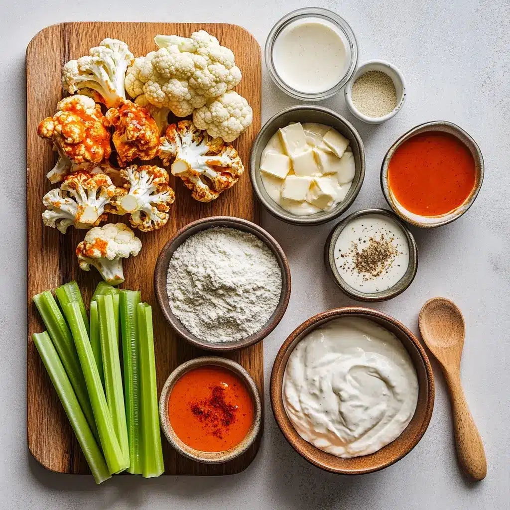 Crispy Air Fryer Buffalo Cauliflower florets piled high, served with cool ranch dressing and crisp celery sticks.