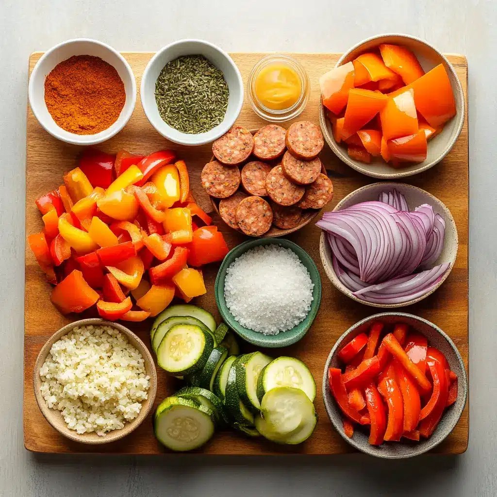Vibrant air fryer chicken sausage and mixed vegetables, cooked to golden perfection in a single basket.