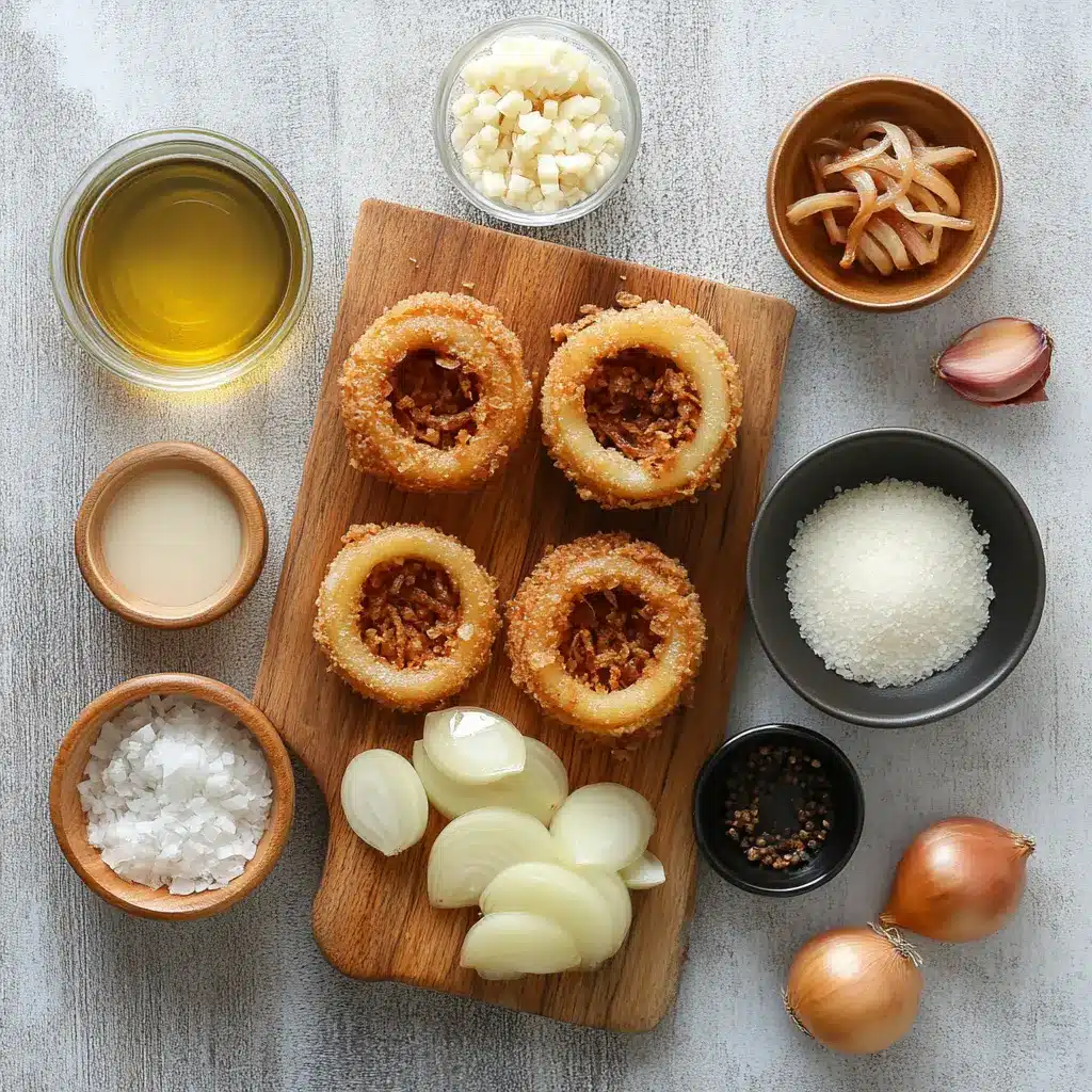 Overhead view of thinly sliced yellow onions in an air fryer basket, ready to be cooked into crispy onions.