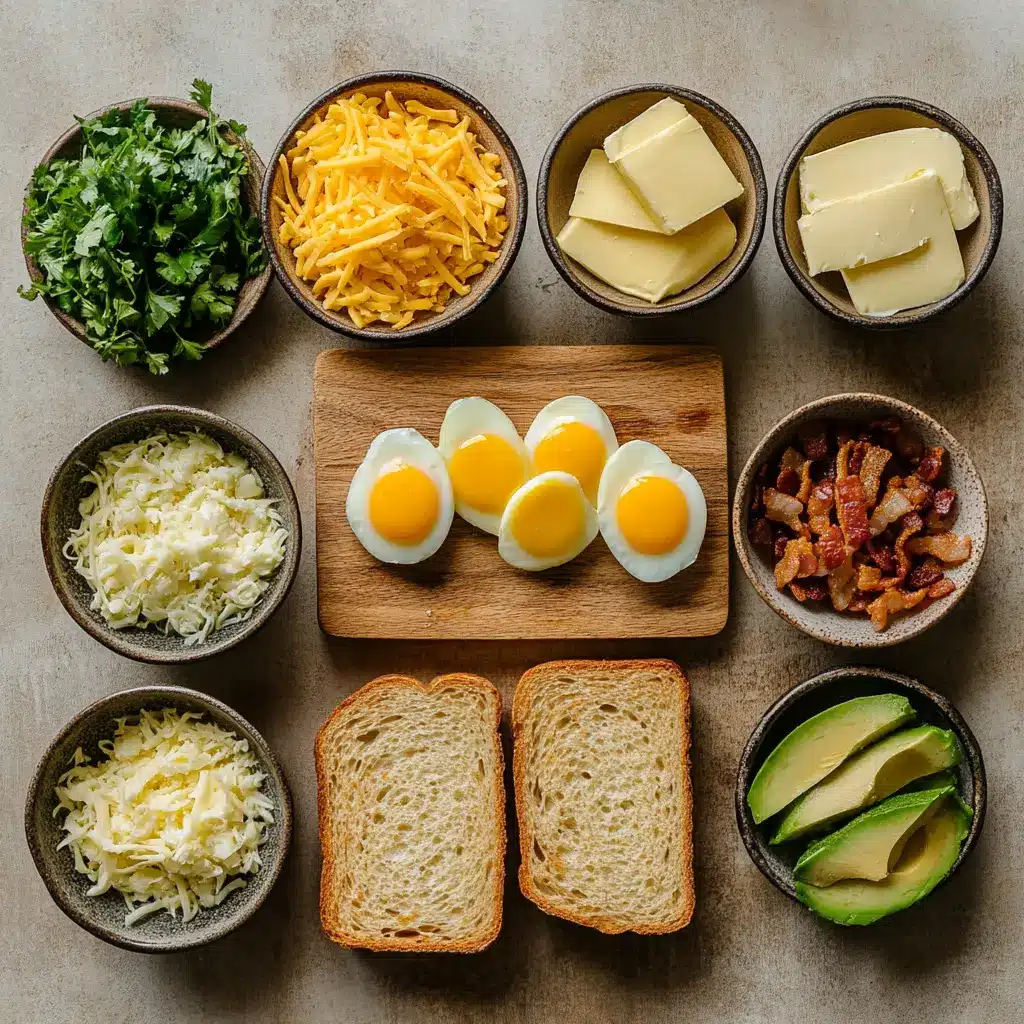 Ingredients for Air Fryer Egg and Cheese Toast, showing slices of thick bread, fresh eggs, and shredded cheese on a preparation surface.