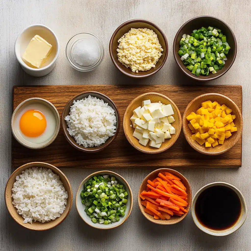 Air Fryer Fried Rice: Simple Delicious Recipe Ideas 6 Ingredients for Air Fryer Fried Rice: cooked rice, mixed vegetables, and sauces arranged on a counter