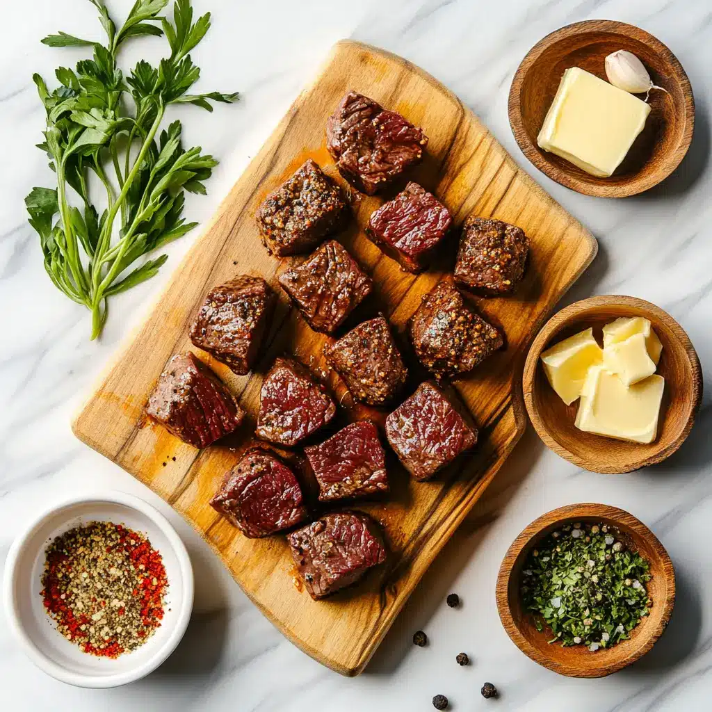 Close-up of perfectly golden-brown Air Fryer Garlic Butter Steak Bites, garnished with fresh parsley.