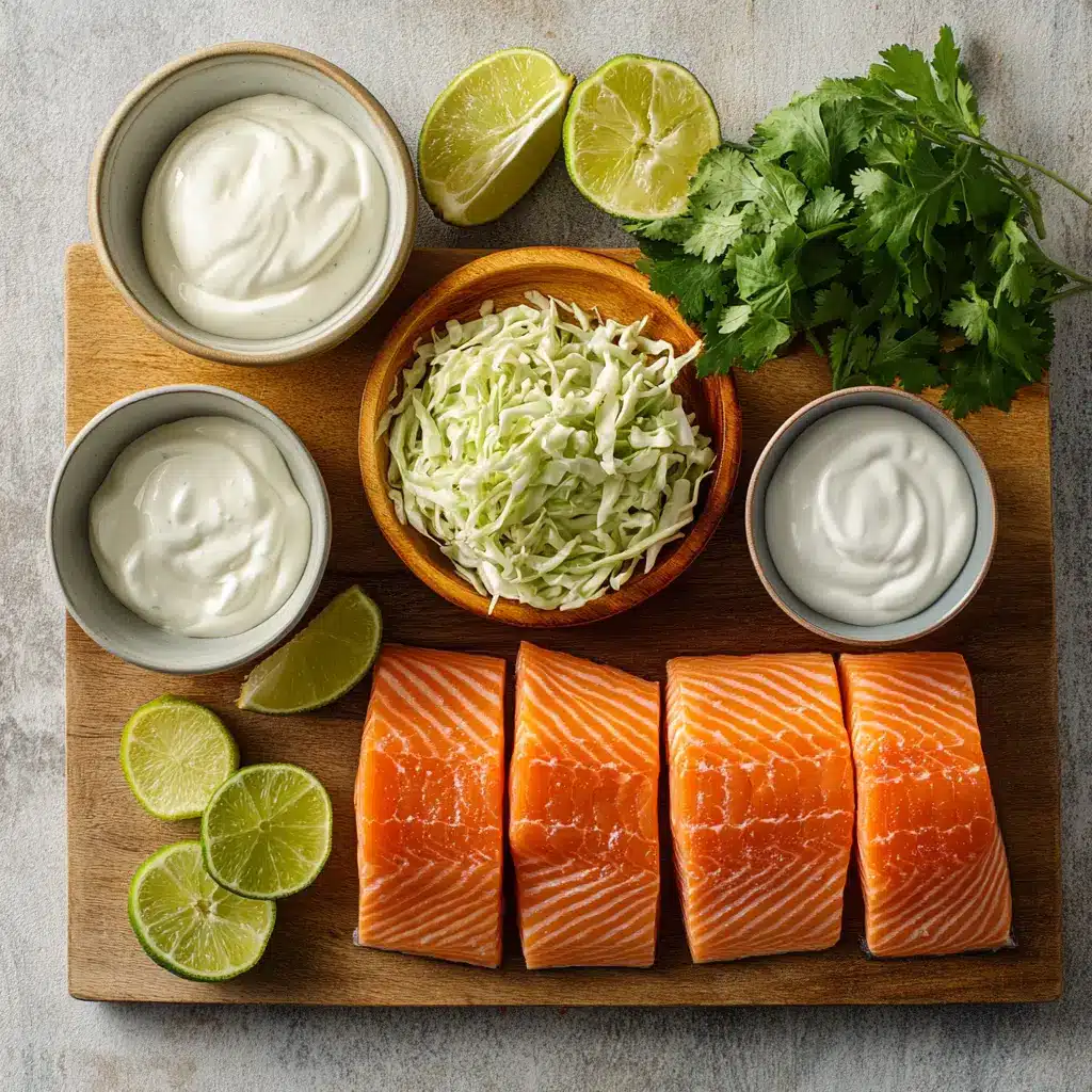 Arrangement of fresh ingredients for Air Fryer Salmon Tacos with Slaw, including salmon fillets, shredded cabbage, lime, Greek yogurt, and spices.