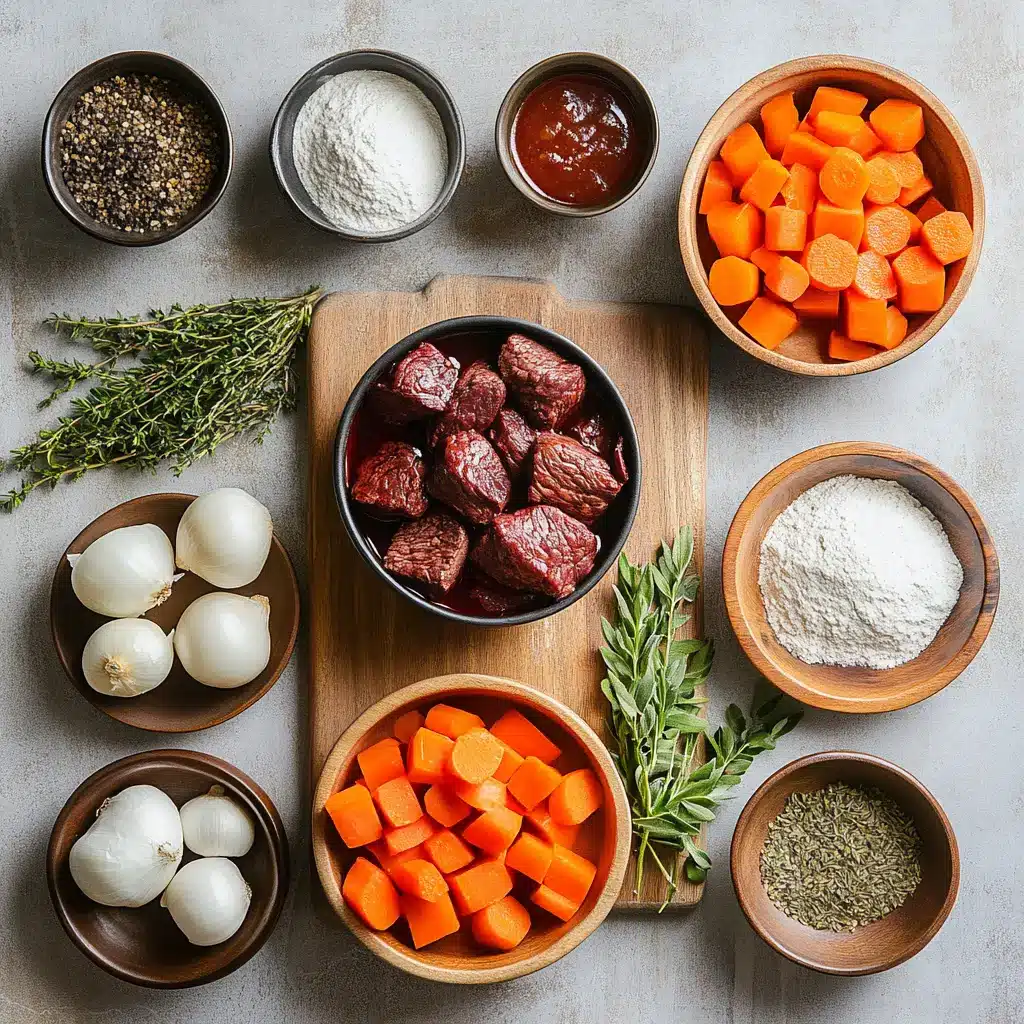 Anthony Bourdains Beef Bourguignon Recipe for Delicious Comfort 5 Ingredients for Anthony Bourdain's Beef Bourguignon laid out, including beef chuck, pearl onions, mushrooms, bacon, fresh herbs, and a bottle of red wine.