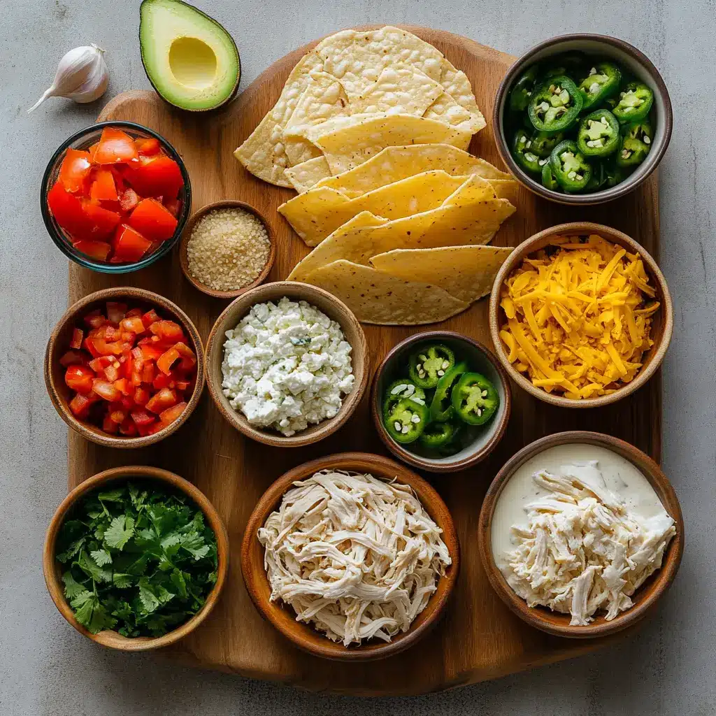 Authentic Chicken Tortilla Soup Recipe Amazing Flavor 5 Ingredients laid out for authentic chicken tortilla soup including tortillas, roasted tomatoes, chicken, spices, and herbs