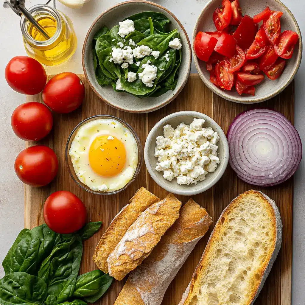 Close-up of baked feta eggs in a skillet, with vibrant cherry tomatoes, melted feta, green spinach, and runny yolks, garnished with fresh herbs.