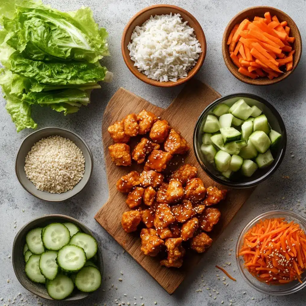 Bang Bang Chicken Bowl Recipe: Quick Delicious Dinner 5 Overview of Bang Bang Chicken Bowl ingredients including rice, vegetables, chicken, and sauce components
