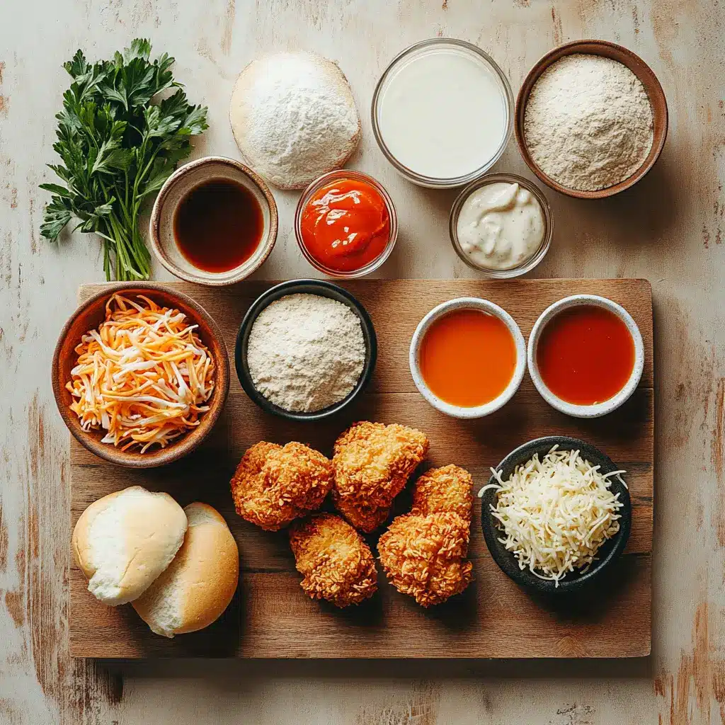 Ingredients for delicious Bang Bang Chicken Sliders, neatly arranged on a counter.