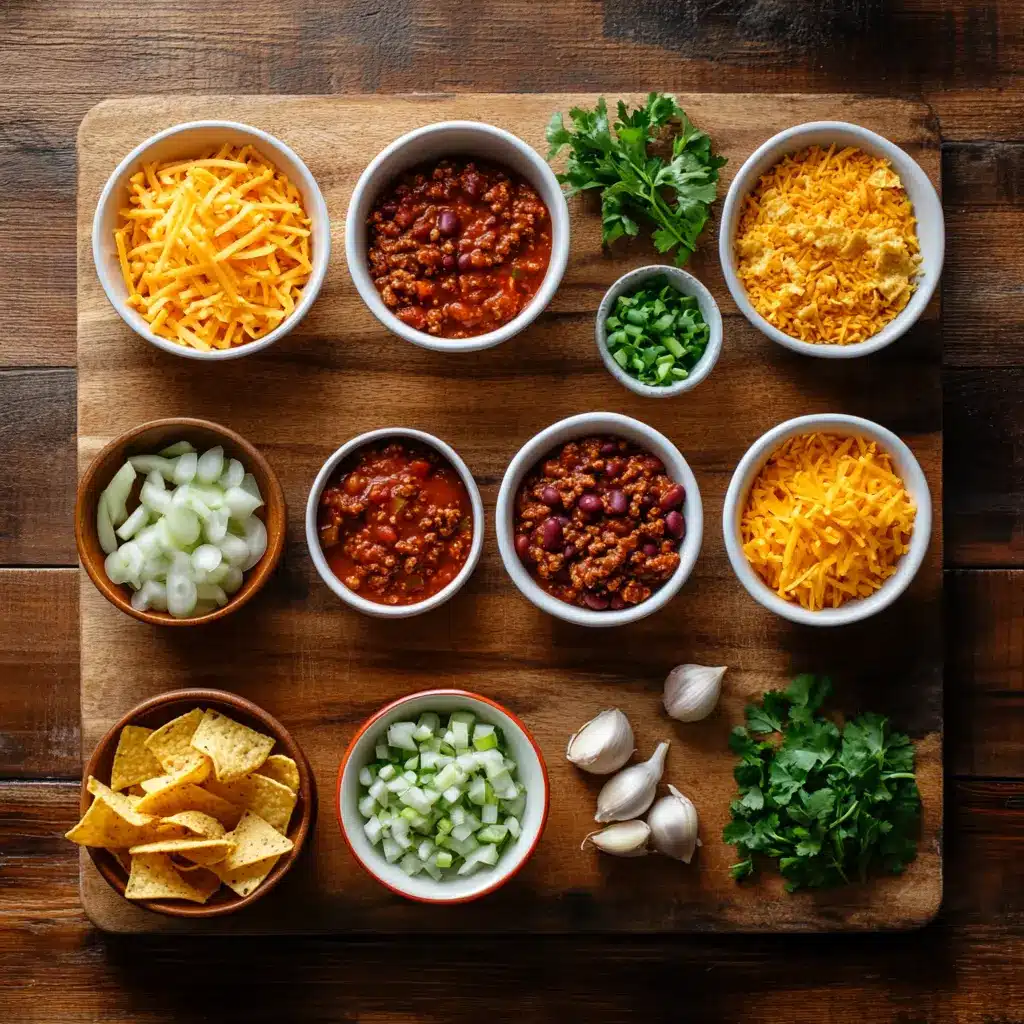 Best Beef Chili Recipe Guaranteed to Satisfy 6 Fresh ingredients for Best Beef Chili laid out: ground beef, pinto beans, kidney beans, tomatoes, onions, garlic, and an array of spices.