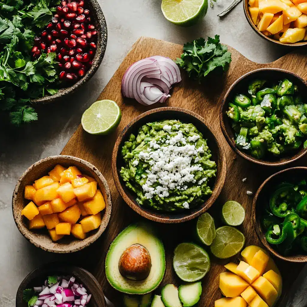 Fresh ingredients for the Best Ever Guacamole Recipe, including ripe avocados, lime, red onion, tomatoes, and cilantro, arranged on a rustic wooden board.