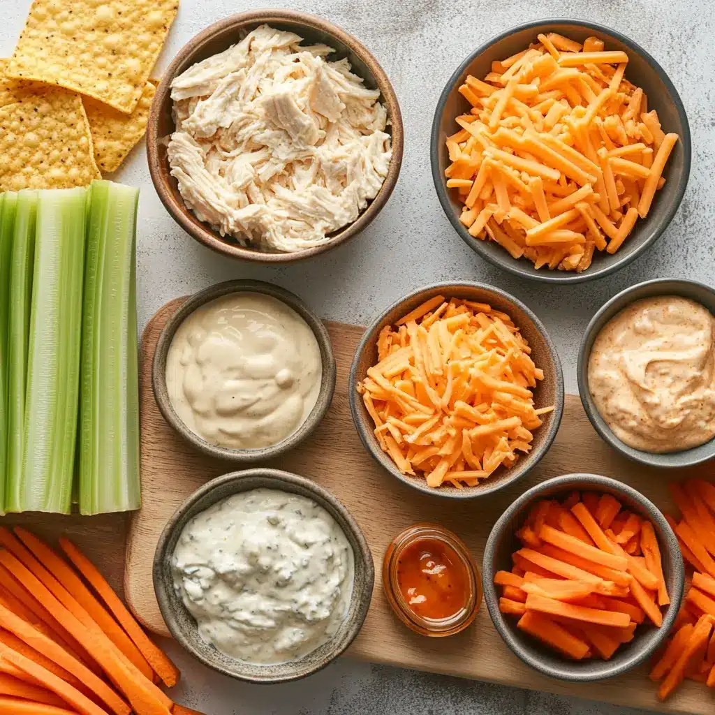 Buffalo Chicken Dip Classic Perfect Game Day Snack 5 Overhead view of buffalo chicken dip classic ingredients neatly arranged