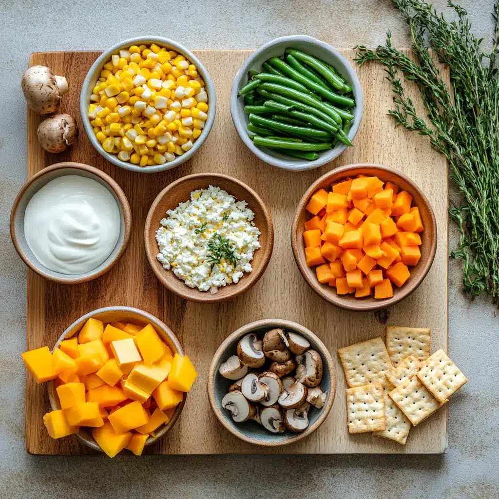 Vibrant ingredients laid out for a Butternut Squash Casserole, including fresh squash, herbs, and mushrooms.