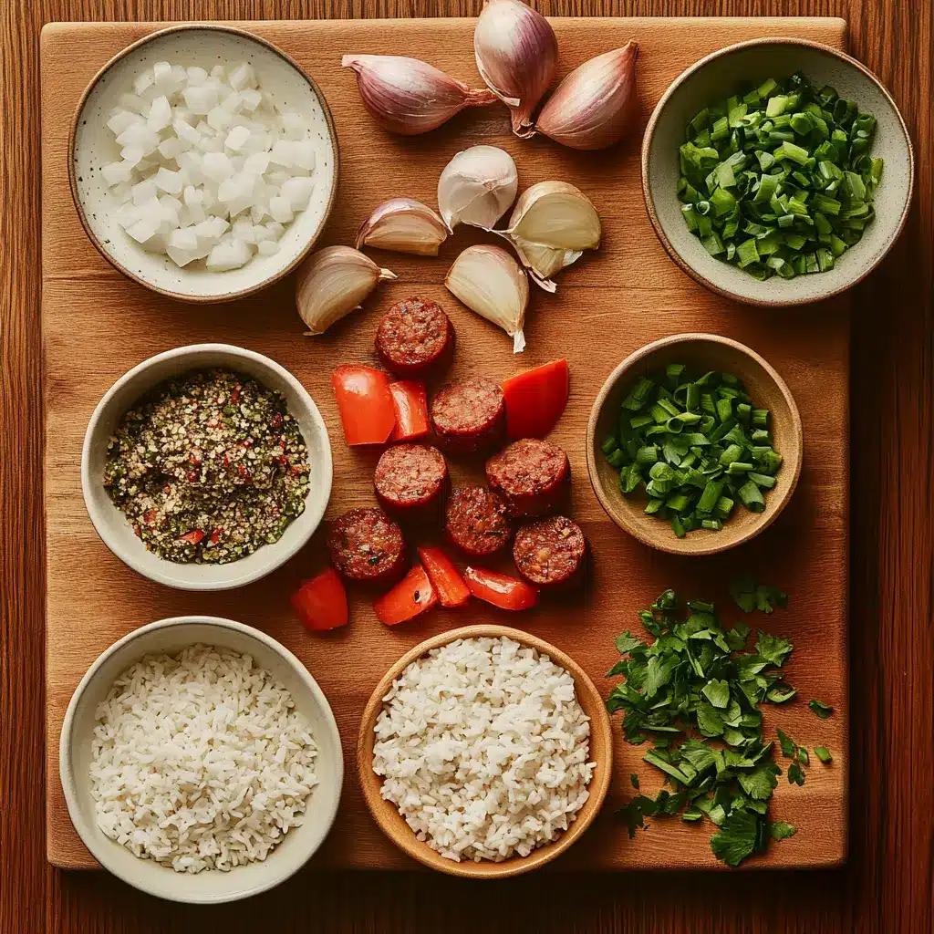 A flat lay of ingredients for Cajun Sausage and Rice Skillet, including smoked sausage, rice, bell peppers, onions, and spices, ready for cooking.