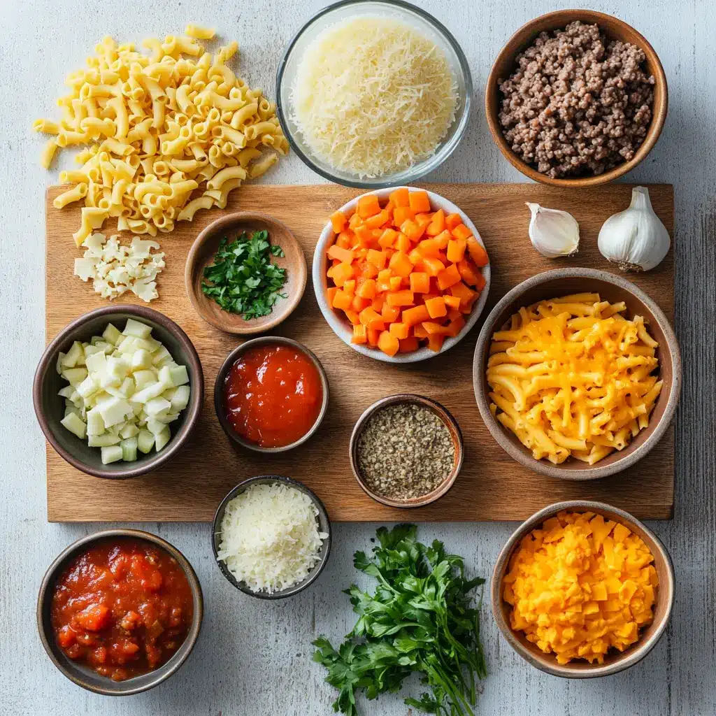 Close-up of ingredients for Cheeseburger Pasta, neatly arranged on a counter.