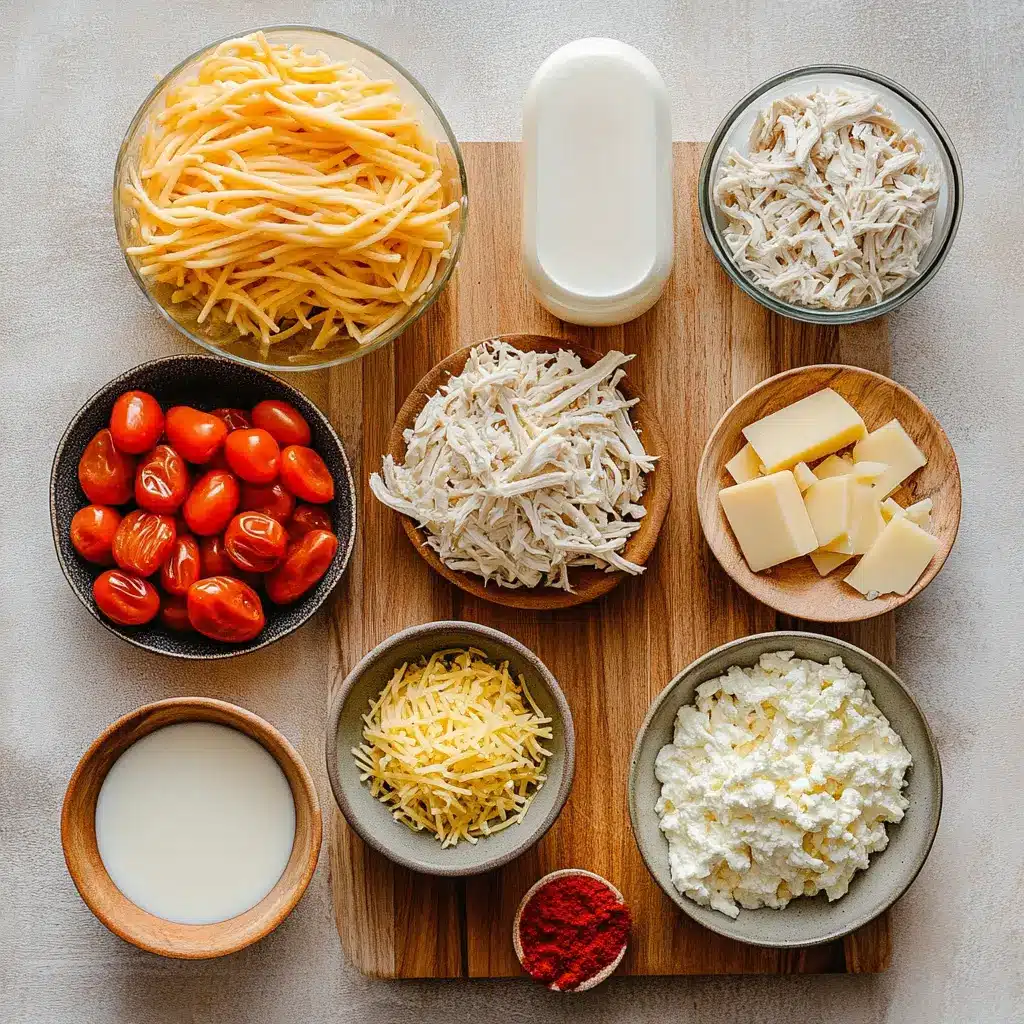 Vibrant ingredients laid out for a Cheesy Chicken Spaghetti Casserole recipe, ready for prep