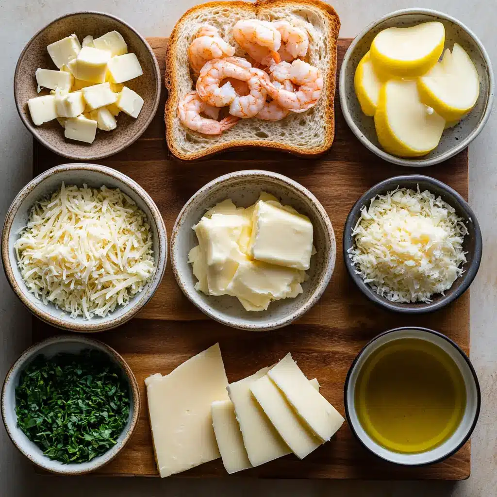 Close-up of a golden-brown Cheesy Garlic Bread Shrimp Grilled Cheese sandwich, cut in half, revealing tender pink shrimp and gooey melted mozzarella and Parmesan cheese.