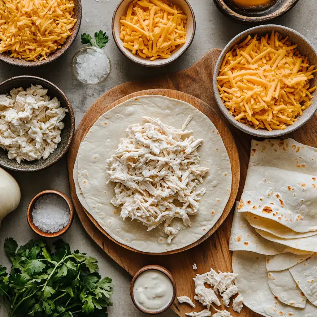 Cheesy Garlic Chicken Wraps Recipe Quick and Delicious 5 Ingredients laid out for Cheesy Garlic Chicken Wraps recipe, including cooked shredded chicken, cheddar cheese, tortillas, and garlic aioli.