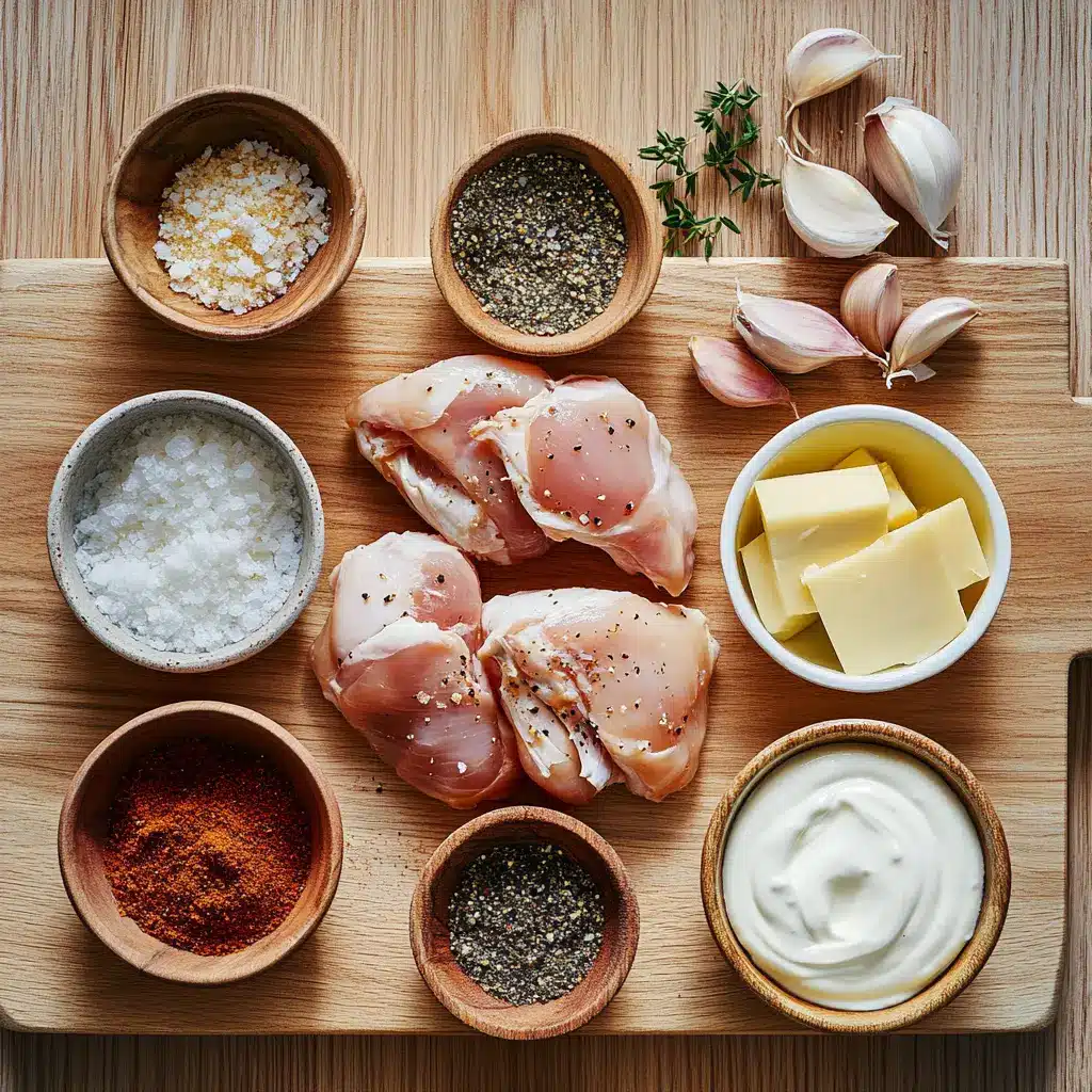 Fresh ingredients laid out for a chicken breast recipe, including raw chicken breasts, mayonnaise, Parmesan cheese, and seasonings