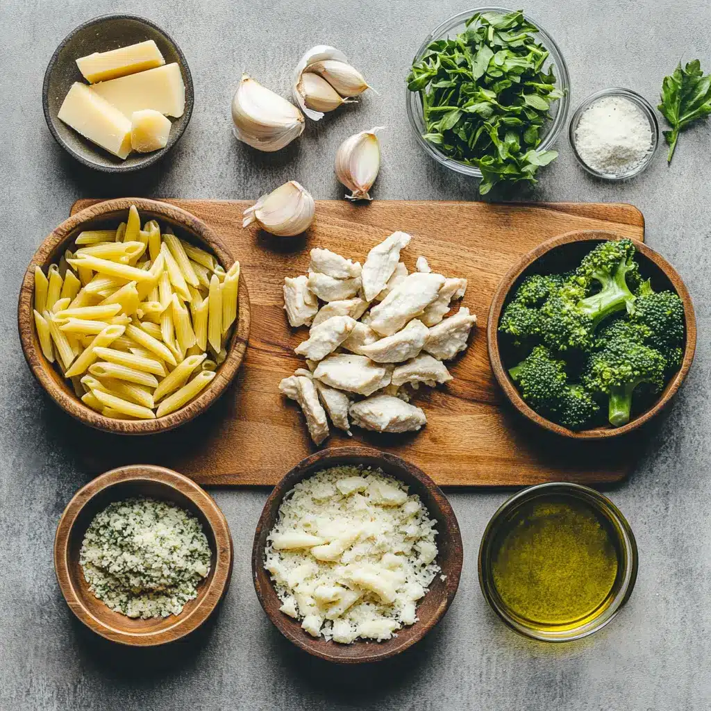 Overhead view of a golden, bubbly Chicken Broccoli Alfredo Bake in a white casserole dish, garnished with fresh parsley.