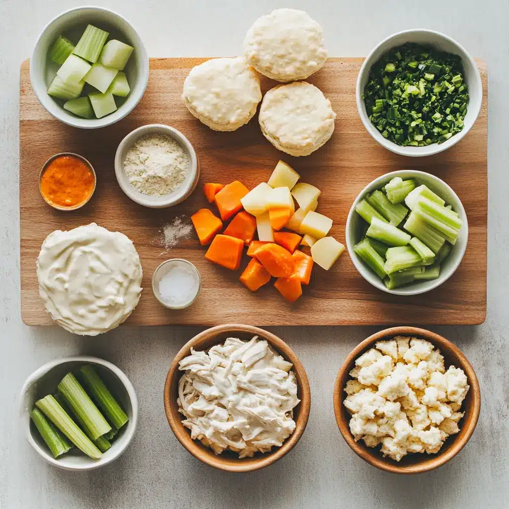 A rich, creamy chicken pot pie in a crock pot, topped with golden, flaky biscuits, ready to serve.