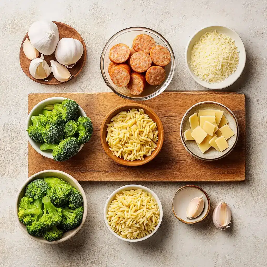 CHICKEN SAUSAGE AND BROCCOLI ORZO RECIPE centered hero view, clean and uncluttered
