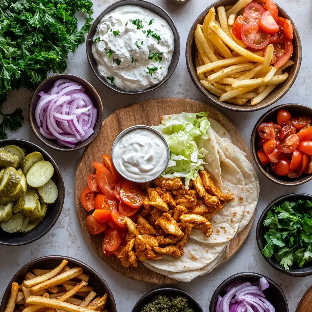 A freshly made chicken shawarma wrap, sliced in half, showcasing crispy chicken, creamy white sauce, and fresh vegetables inside a warm pita.