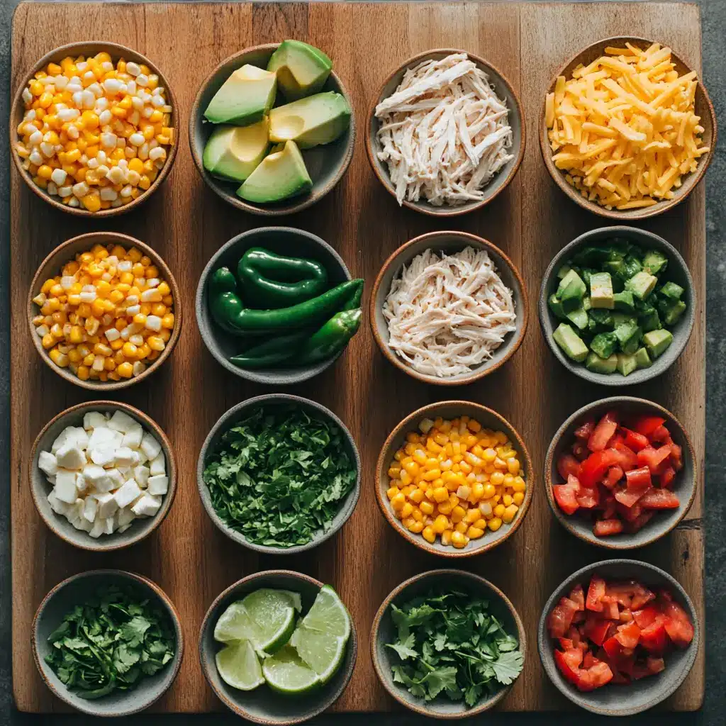 Chicken Tortilla Soup Made Easy and Irresistible 5 Ingredients for chicken tortilla soup including poblano peppers, tomatoes, and tortilla strips