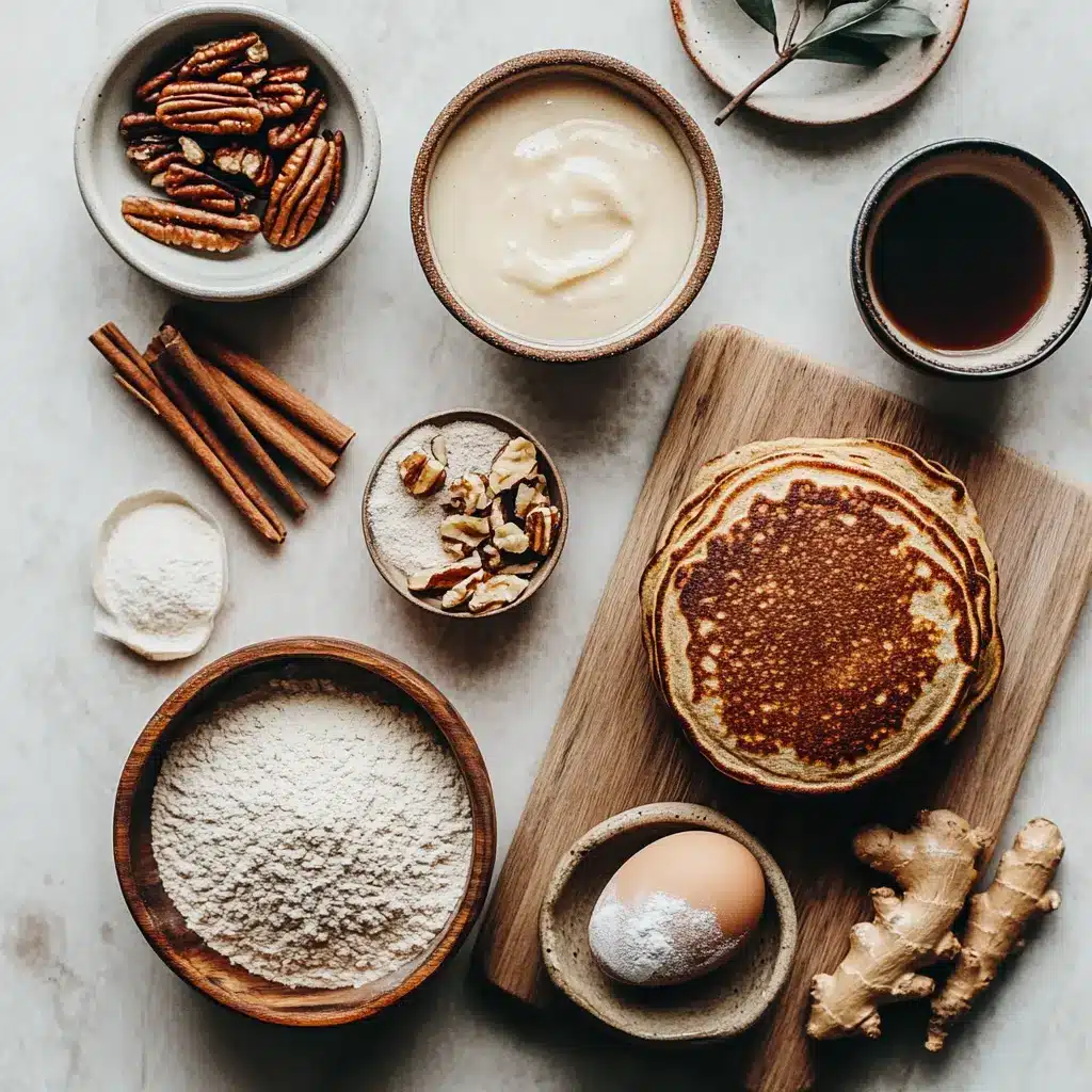 Arrangement of ingredients for Cinnamon Pumpkin Pancakes with Almond Milk, including pumpkin puree, spices, almond milk, and flour.