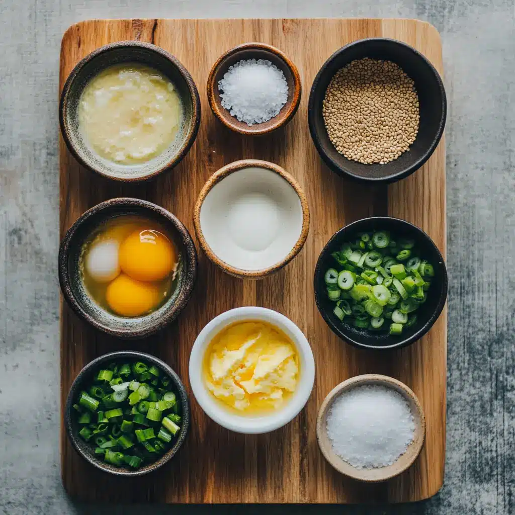 Ingredients laid out for Classic Egg Drop Soup: chicken broth, cornstarch, eggs, white pepper, sesame oil, and optional green onions