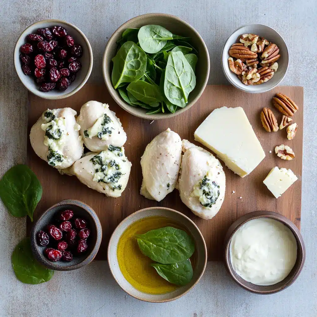 Cranberry Spinach Stuffed Chicken with Brie Bliss 5 Ingredients for cranberry spinach stuffed chicken with brie: fresh spinach, dried cranberries, brie cheese, and chicken breasts