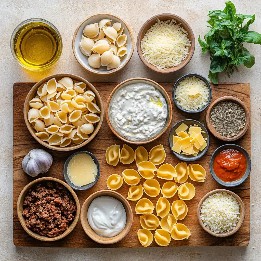 Creamy Beef Pasta Delight Quick and Comforting Recipe 6 Overhead view of ingredients for creamy beef pasta, including ground beef, pasta shells, cheese, and canned tomato soup