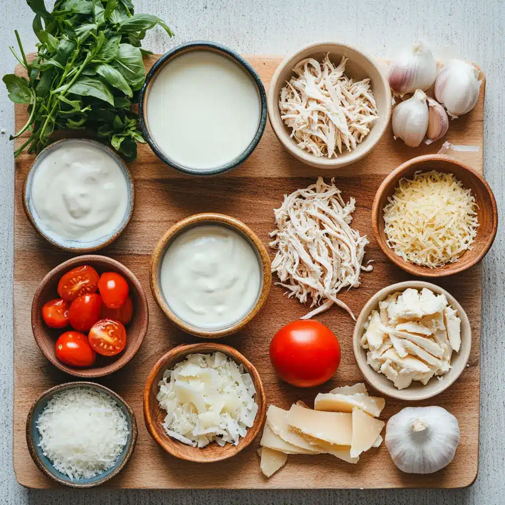 Creamy Chicken Parmesan Soup Easy and Irresistible Recipe 4 A vibrant overhead shot of ingredients for Creamy Chicken Parmesan Soup, including diced chicken, grated Parmesan cheese, fresh basil, crushed tomatoes, and various herbs.