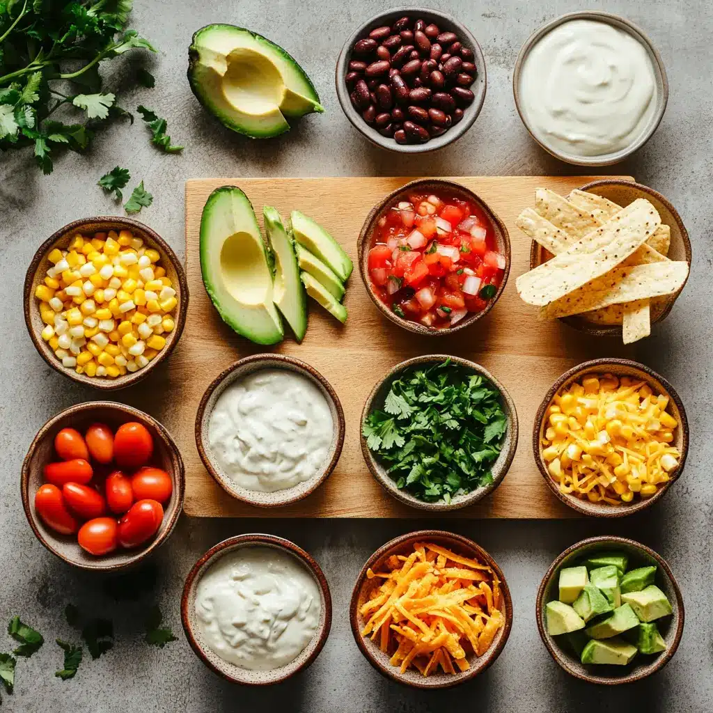 Creamy Chicken Tortilla Soup for a Cozy Night In 5 A bowl of creamy chicken tortilla soup surrounded by raw ingredients like tomatoes, spices, and tortillas