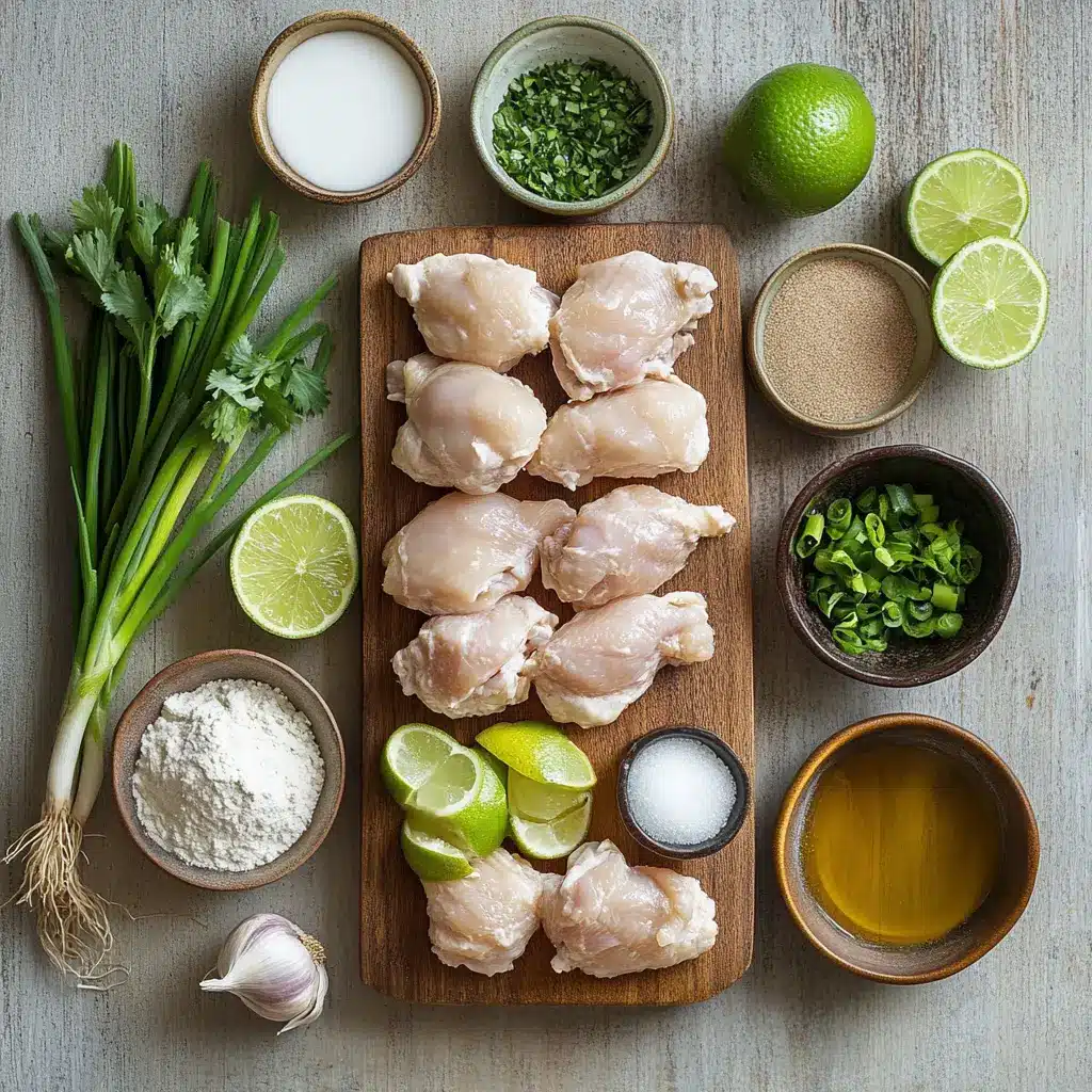 Close-up of fresh ingredients for Creamy Coconut Lime Chicken: chicken breasts, limes, cilantro, coconut milk can, and spices arranged neatly.