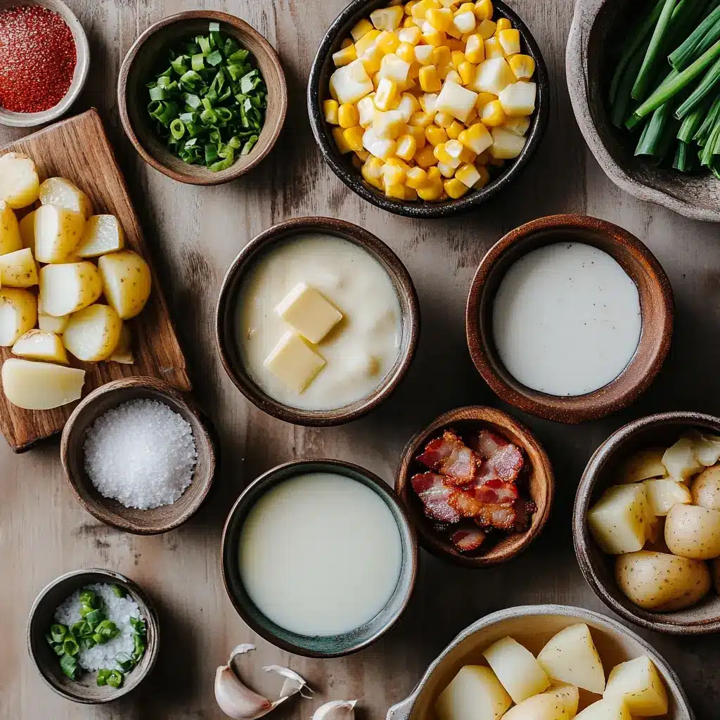 Ingredients neatly arranged for creamy corn chowder with crispy bacon in natural light