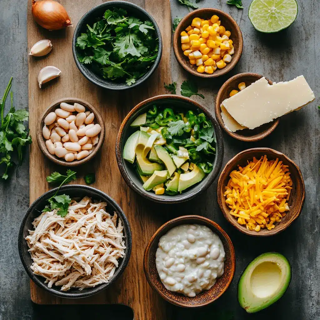 Ingredients for Creamy Crockpot White Chicken Chili laid out, including chicken breasts, white beans, corn, various spices, and cream cheese.