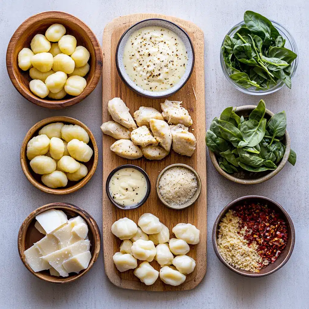 CREAMY GARLIC CHICKEN GNOCCHI SKILLET centered hero view, clean and uncluttered