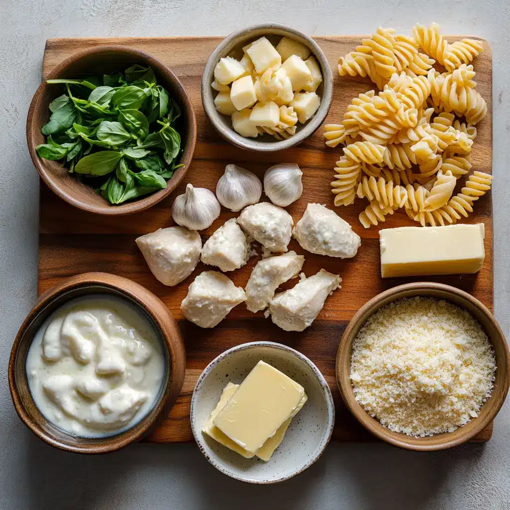 Creamy Garlic Parmesan Chicken Recipe for Easy Dinner Joy 5 Ingredients for Creamy Garlic Parmesan Chicken: chicken breasts, fresh garlic, heavy cream, parmesan, and Italian seasoning laid out on a clean surface.