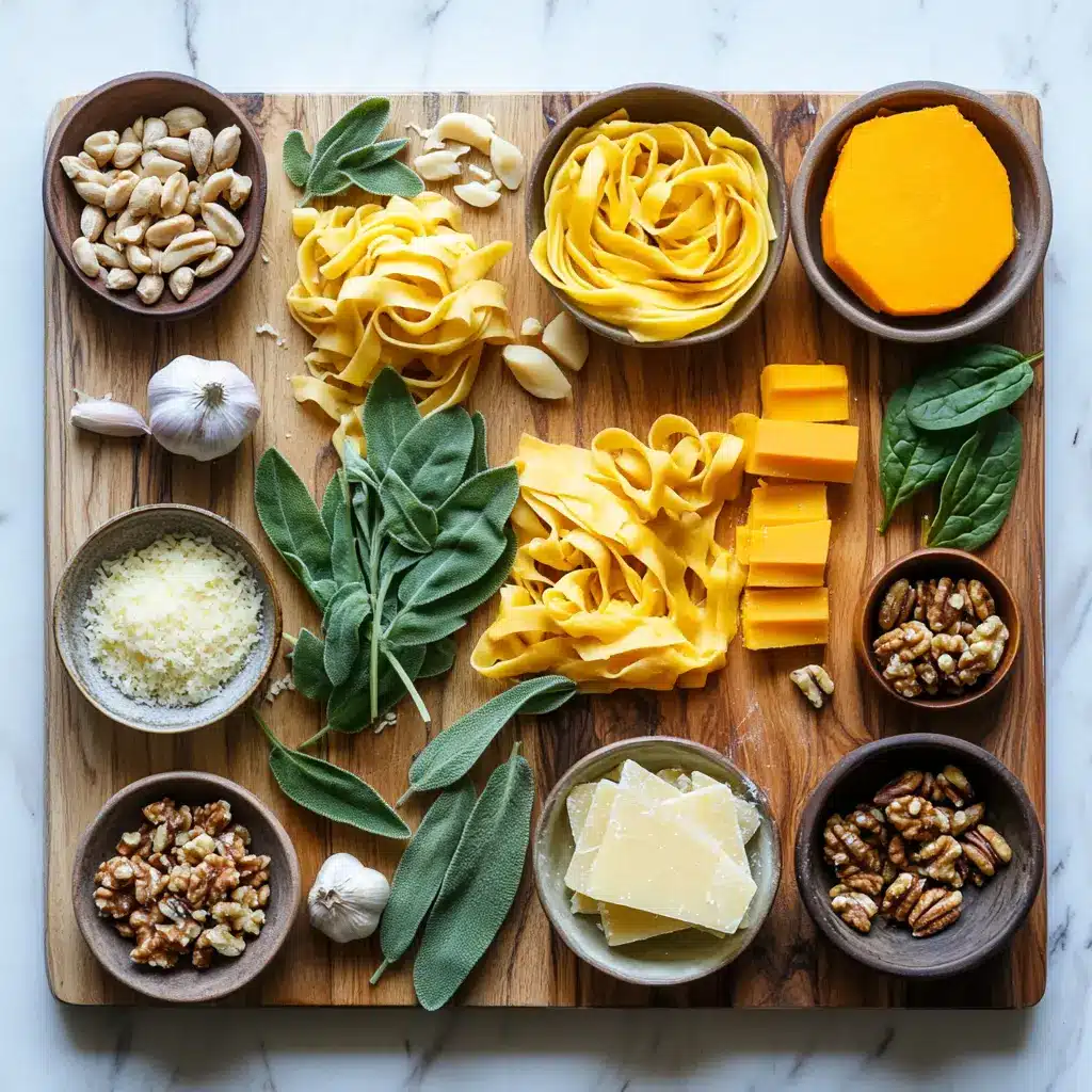 Close-up of creamy pumpkin pasta in a rustic bowl, garnished with fresh sage leaves and toasted pepitas