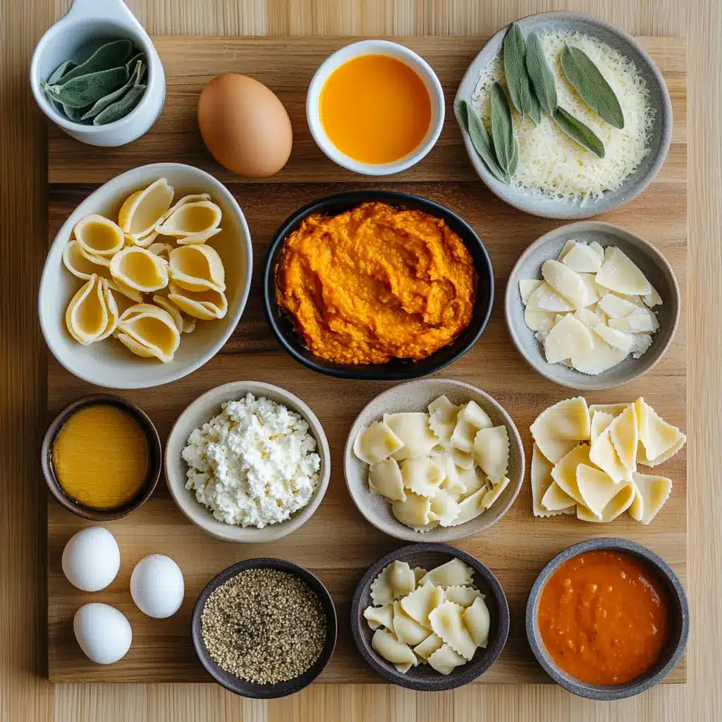 Overhead view of Creamy Pumpkin Ricotta Stuffed Shells in a baking dish, garnished with fresh herbs