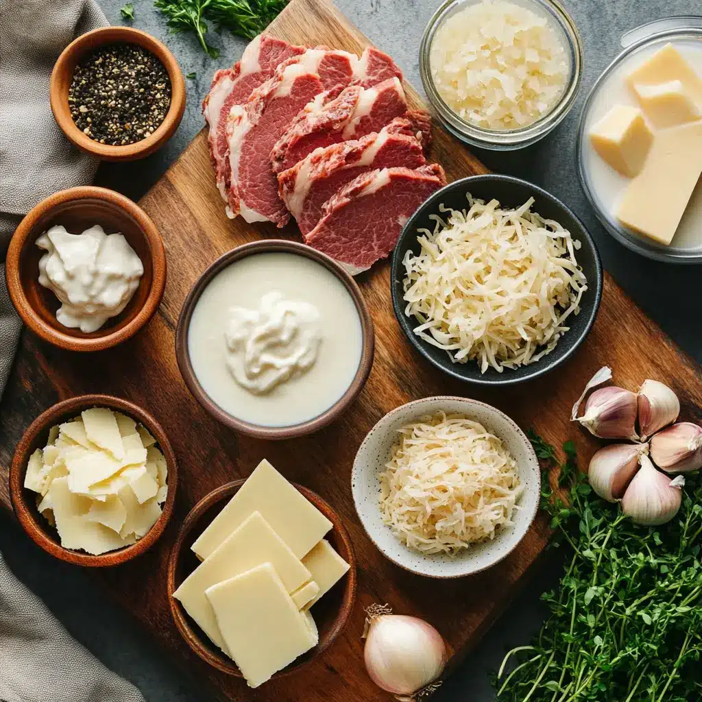 Creamy Reuben Soup Recipe: Delicious and Easy to Make 5 Close-up of a steaming bowl of creamy Reuben soup, garnished with melted Swiss cheese, fresh dill, and golden rye croutons.