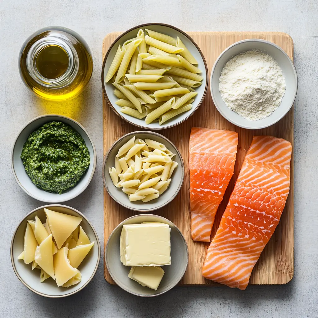 A vibrant bowl of creamy salmon pesto pasta, garnished with fresh basil leaves and a squeeze of lemon.
