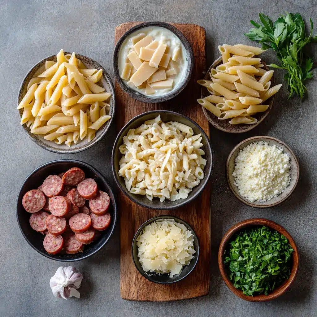 A steaming bowl of creamy smoked sausage pasta, garnished with fresh parsley.