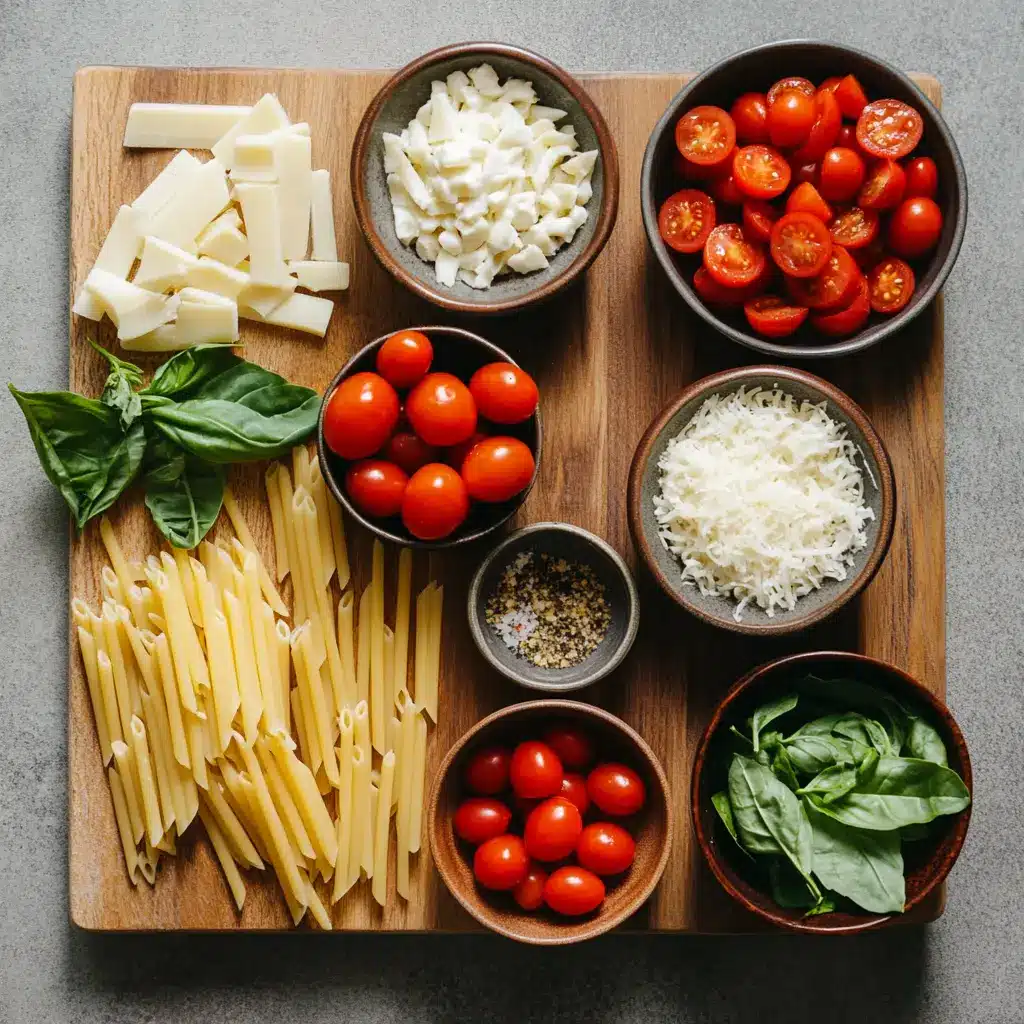 Close-up hero view of creamy tomato pasta, garnished with fresh basil, showcasing a rich, red sauce and melted mozzarella.
