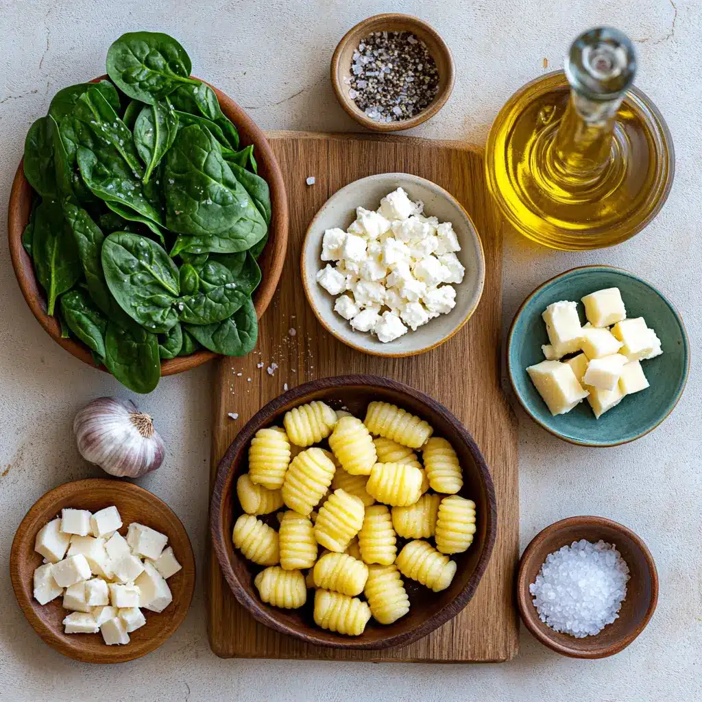 Ingredients for Crispy Gnocchi with Spinach and Feta, including gnocchi, fresh spinach, and crumbled feta.