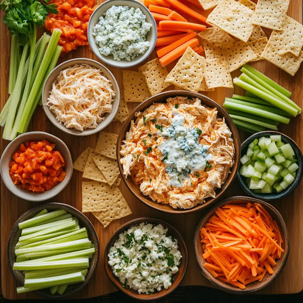 Ingredients for Crockpot Buffalo Chicken Dip including shredded chicken, cream cheese, ranch dressing, buffalo sauce, and cheddar cheese